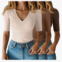 Riyiper 3 Pack Women's Half Sleeve Top Elbow Length Ribbed Cotton T Shirt Women V Neck Summer Tee Slim Fit Casual Blouses size M