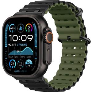 Upgraded Ocean Band Compatible with Apple Watch Ultra 3/2/1 49mm, S11/S10 46mm, 9/8/7 45mm, SE3/SE2/SE/6/5/4 44mm, 3/2/1 42mm, Metal Connector Breathable Sport Watch Strap for Men Women (Extension, Black/Black ArmyGreen)