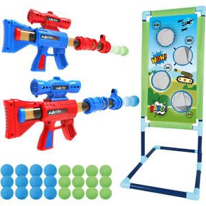 SpringFlower Shooting Game Toy for 5 6 7 8 9 10+ Years Olds Boys,2pk Foam Ball Popper Air Toy Guns with Standing Shooting Target,24 Foam Balls, for Kids
