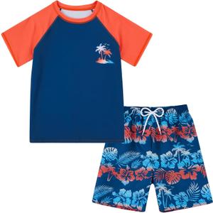 Boys Short Sleeve Rash Guard Swimsuit Set with Swim Trunks for 7-8Years