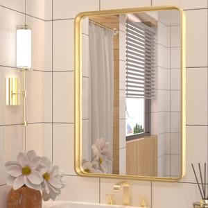 TETOTE 16 x 24 Inch Brushed Gold Frame Mirror, Brass Gold Bathroom Vanity Mirror for Wall, 2 Inch Thick Modern Round Corner Rectangle Framed Mirror (Horizontal/Vertical)