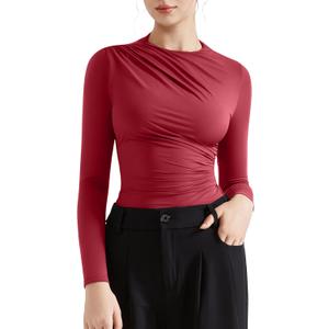 SUUKSESS Women Business Casual Long Sleeve Tops Double Lined Basic T Shirts (Large, 06 Wine Red)