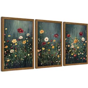 Urmoya 3 Pieces Vintage Floral Framed Canvas Wall Art, Nature Floral Landscape Wall Decor, Botanical Aestheticrt Art Prints for Living Room Bedroom Office Home Decoration 16x24 in Wood Framed