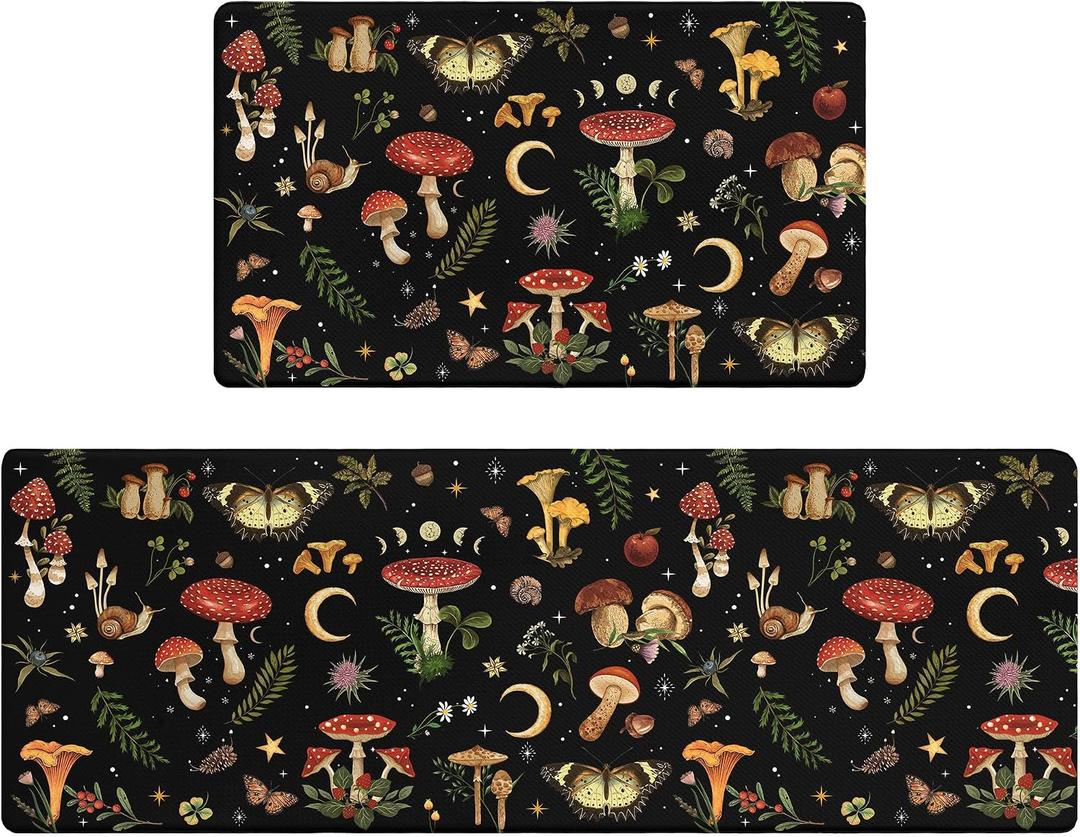 Mushroom Rug Kitchen Mats for Floor Cushioned Anti Fatigue Kitchen Rugs Sets of 2, Non Slip Waterproof Black Kitchen Floor Mat, Comfort Memory Foam Standing Mat for Office Laundry Sink Desk, 46''lx17''w+29''lx17''w-0.4''h