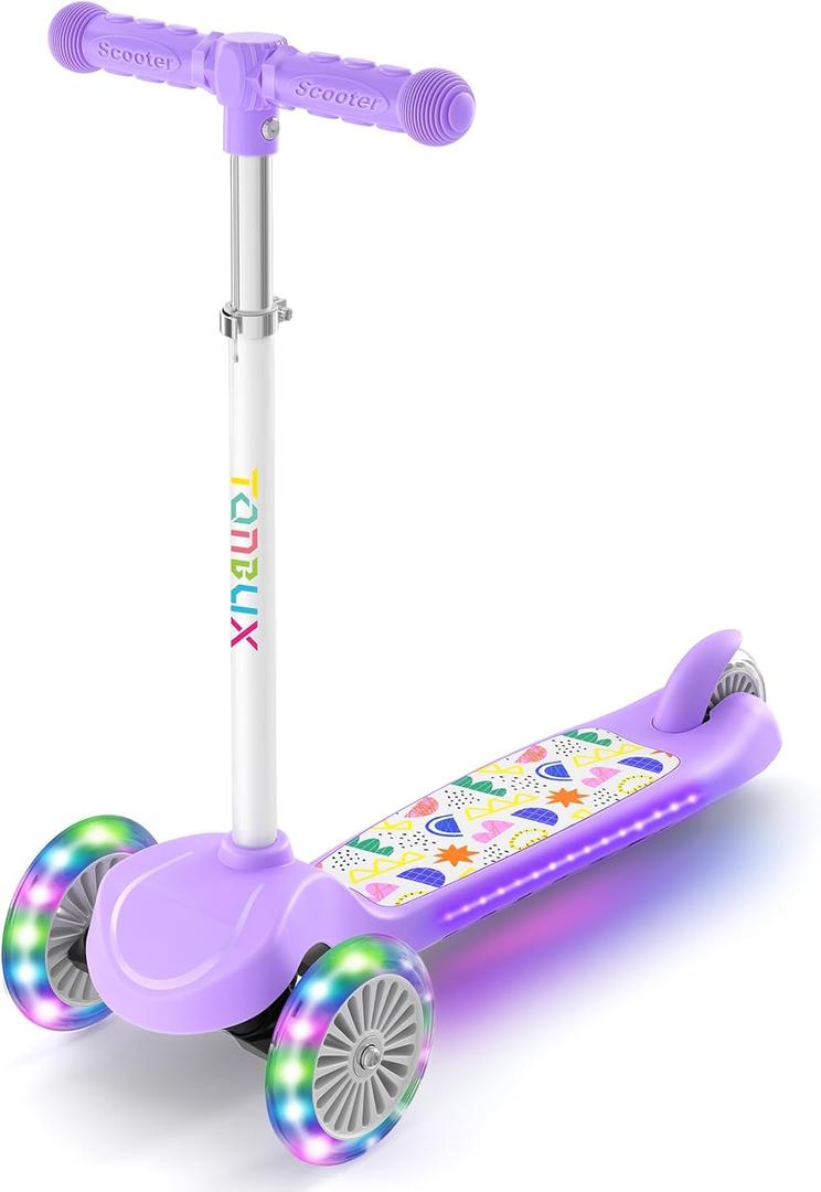 TONBUX Kids Scooter for Ages 3-5, Toddler Scooter with Light-Up Deck and Wheels, Adjustable 4-Level Height 3-Wheel Scooter for Kids, Lean-to-Steer Design (Purple)