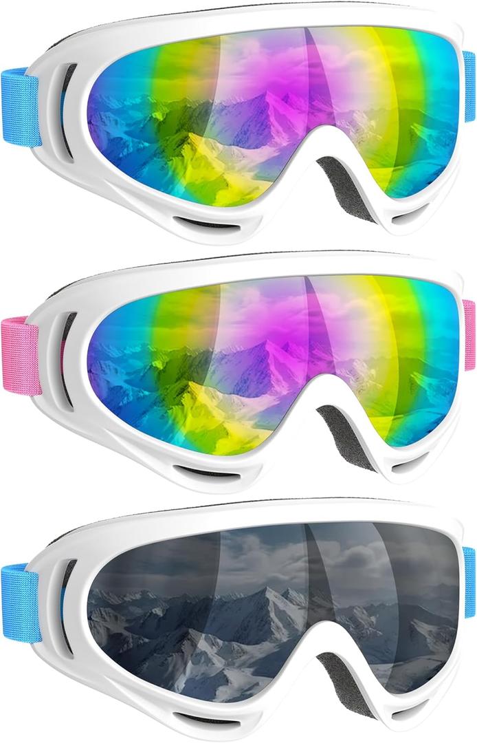COOLOO 3 Pack Kids Ski Goggles, Anti-fog Snowboard Goggles with UV400 Protection, Snow Goggles for Boys Girls Youth Men Women (01.white/Blue+white/Pink+white/Blue)