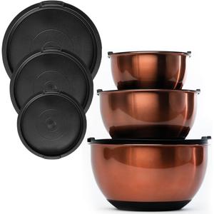 Samma Copper Mixing Bowl Set - Stainless Steel Body with Black Silicone Bottom - 3 Piece Set with Lids