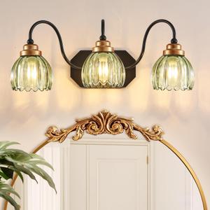 Vintage Bathroom Vanity Light, Bathroom Lighting Fixtures Over Mirror, Mid Century Style Farmhouse Light Fixtures with Green Glass Shades, Black Finish Wall Mount for Bedroom (Green, 3-Light)