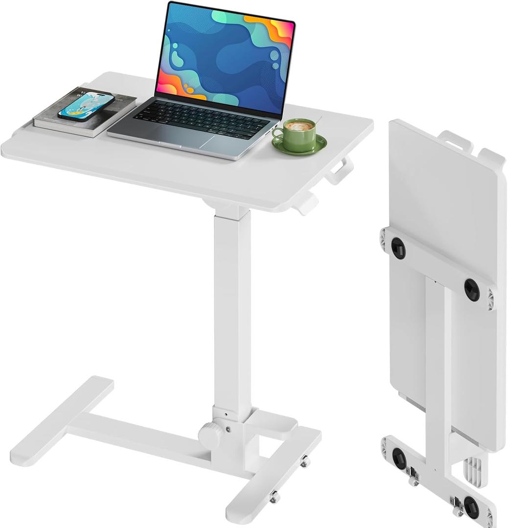 Foldable Mobile Standing Desk, 27 Inch Small Rolling Laptop Cart Height Adjustment, 90 Tiltable Bedside Table, No Assembly Needed Portable Computer Workstation, White