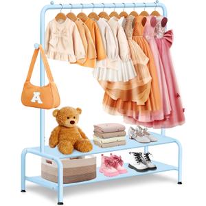 mirolam Kids Clothing Rack  Dress Up Clothes Storage Racks  Modern Wardrobe  Small Kids Costume Wardrobe Rack with 2 Fabric Floors Storage Shelf Blue Dresser for Kids Bedroom