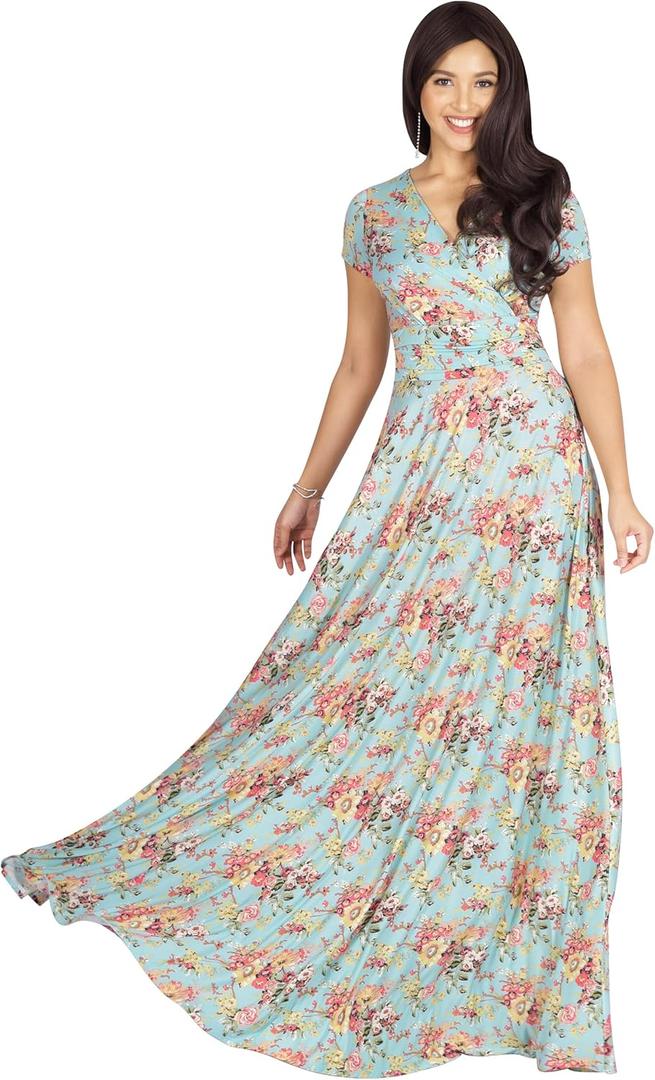 KOH KOH Womens 2025 Long Maxi Summer Floral Print Short Sleeve Flowy Modest Maxi Dress Gown (XX-Large, Green Yellow and Pink)