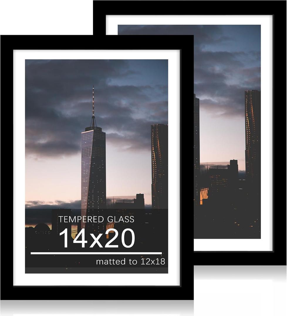 14x20 Poster Frame Set of 2, 14 x 20 Wood Picture Frames with Mat for 12x18, Wooden Photo Frame with Tempered Glass Cover for Wall Mounting Display, Black