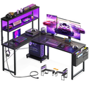 AODK L Shaped Desk Gaming Desk with LED Light & Power Outlet, 53 Inch Reversible L Shaped Computer Table with Shelf & Storage Bag & Hook for Home Office, Black