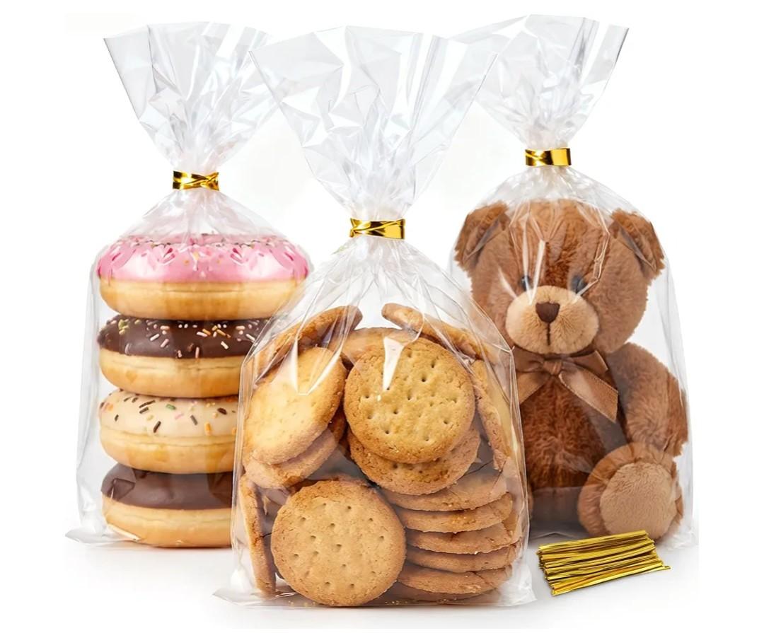 Horbin Cellophane Treat Bags 100 Pack with Twist Ties, 6×10 Inch Clear Cello Bags, Food-Grade Plastic Gift Bags for Cookies, Candy, Party Favors.