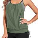 Holipick Blouson Tankini Swimsuits for Women - Two Piece Tummy Control Bathing Suit with Shorts Modest Swimwear (16W, Army Green Striped)