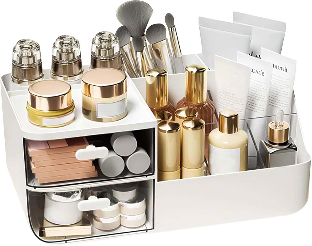 Perfume Organizer Makeup Organizer Countertop with Drawers Cologne Organizer for Men Women White Vanity Organizer Bathroom Organizers and Storage Skincare Organizer for Vanity Toothbrush Holder Brush