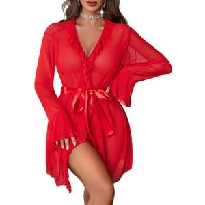 Avidlove Mesh Lingerie Robe Sets for Women Sexy Nightgown Long Sleeve Kimono Ruffle Nighty With Thong, Size XL