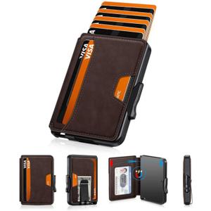 Wallet for Men, Mens Wallet Minimalist Slim Wallet, RFID Blocking Smart Pop Up Wallet with Money Clip & ID Window, Metal Compact Wallet, Aluminum Credit Card Holder Wallet (Coffee Brown)