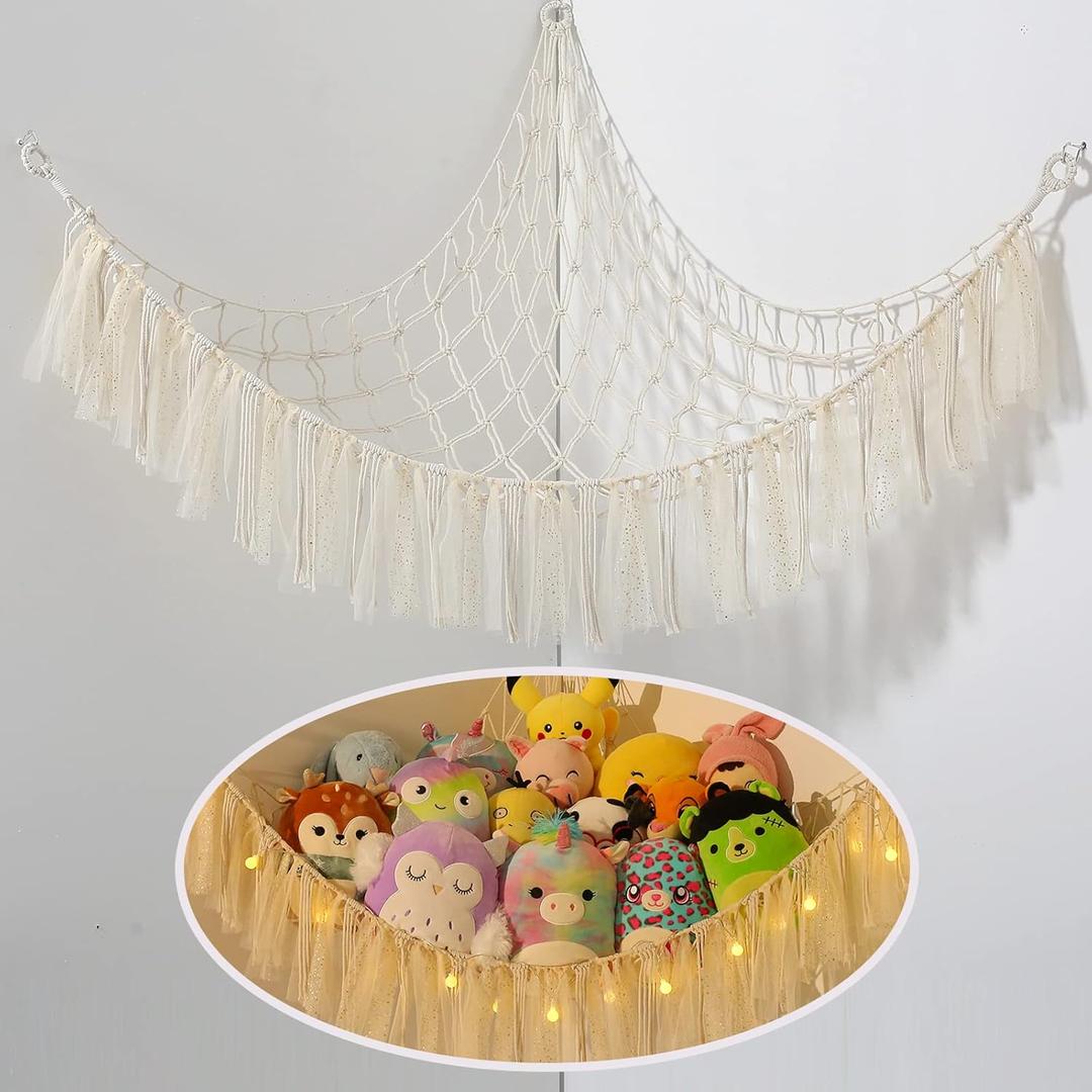 Stuffed Animal Storage Macrame Boho Plush Toy Net Hammock for Stuffed Animals with Light Pet Net for Stuffed Animals Corner Hanging Stuffed Animal Holder Teddy Bear Net for Kids Room (Shiny White)