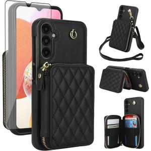 Phone Case for Samsung Galaxy A15 5G/4G Wallet Cell Cover with Tempered Glass Screen Protector Wrist Crossbody Strap Lanyard Stand RFID Blocking Credit Card Holder Slot A 15 G5 15A Women Girls Black