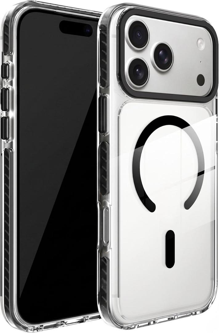 Magnetic Clear Case Compatible with iPhone 17 Pro 6.3 Inch, Two-Tone Slim Protective Cover with Metal Camera Frame & Hard PC Back, TPU Bumper (Black, iPhone 17 Pro)