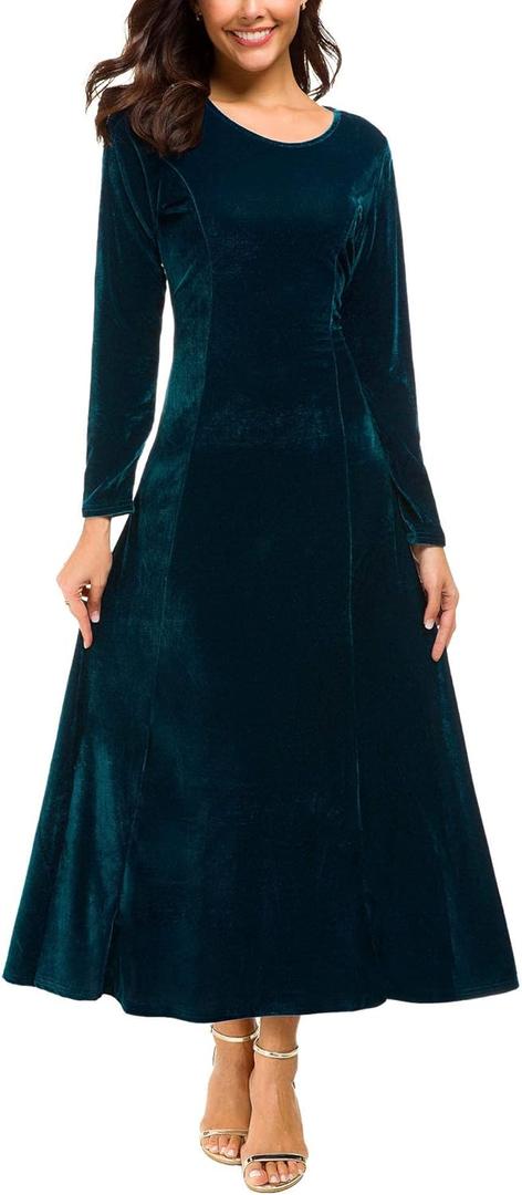 Urban CoCo Women's Elegant Long Sleeve Ruched Velvet Stretchy Long Dress (Large)
