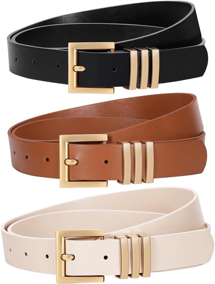3 Pack Women Leather Belt for Jeans Pants Dresses Fashion Ladies Waist Belts with Gold Buckle (F-black+brown+beige(square Gold Buckle)), Size: for Waist Size 25"-31"