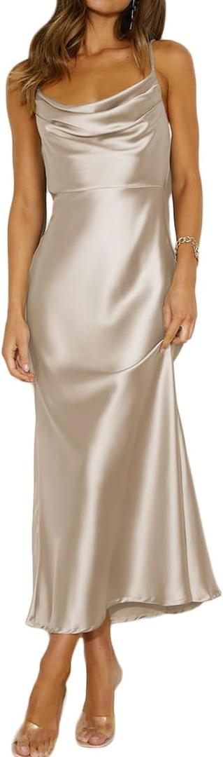 Summer Satin Spaghetti Strap Cowl Neck Backless Midi Dresses for Women Elegant Tie Low Back Ruched Cocktail Dress, S