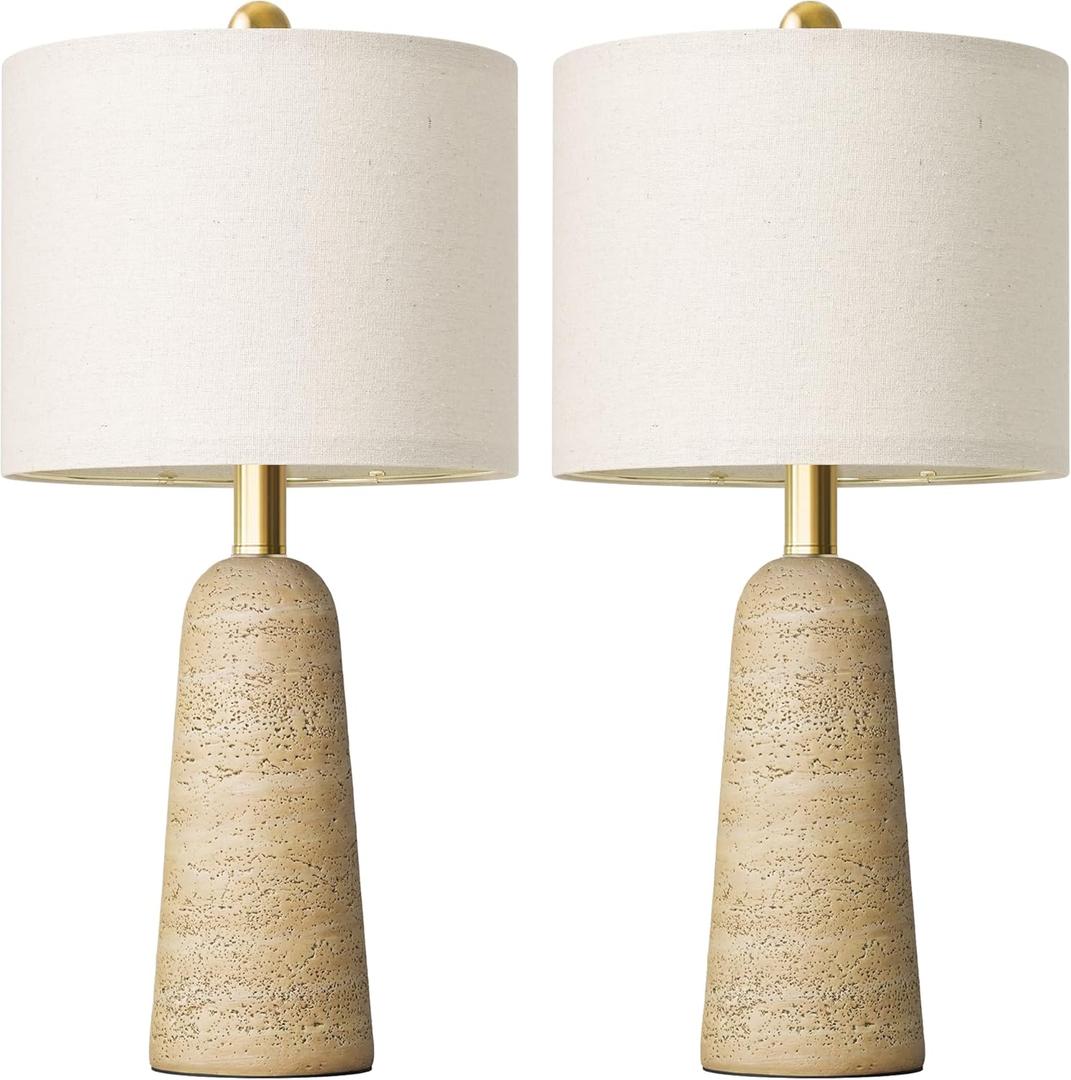 BOBOMOMO 21" Modern Table Lamps Set of 2, Warm Beige Resin Lamp with Stone Look, Small Bedside Lamps for Bedroom, Cozy Nursery Lamps with Linen Shades, Nightstand Lamp for Small Spaces, Entryway