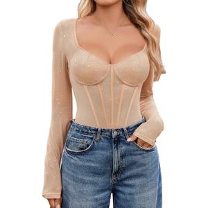 Avidlove Women Long Sleeve Bodysuit Sparkle Body Suits Top Mesh One Piece Leotard Shirt Going Out Tops Fall Outfits (X-Large, Nude)