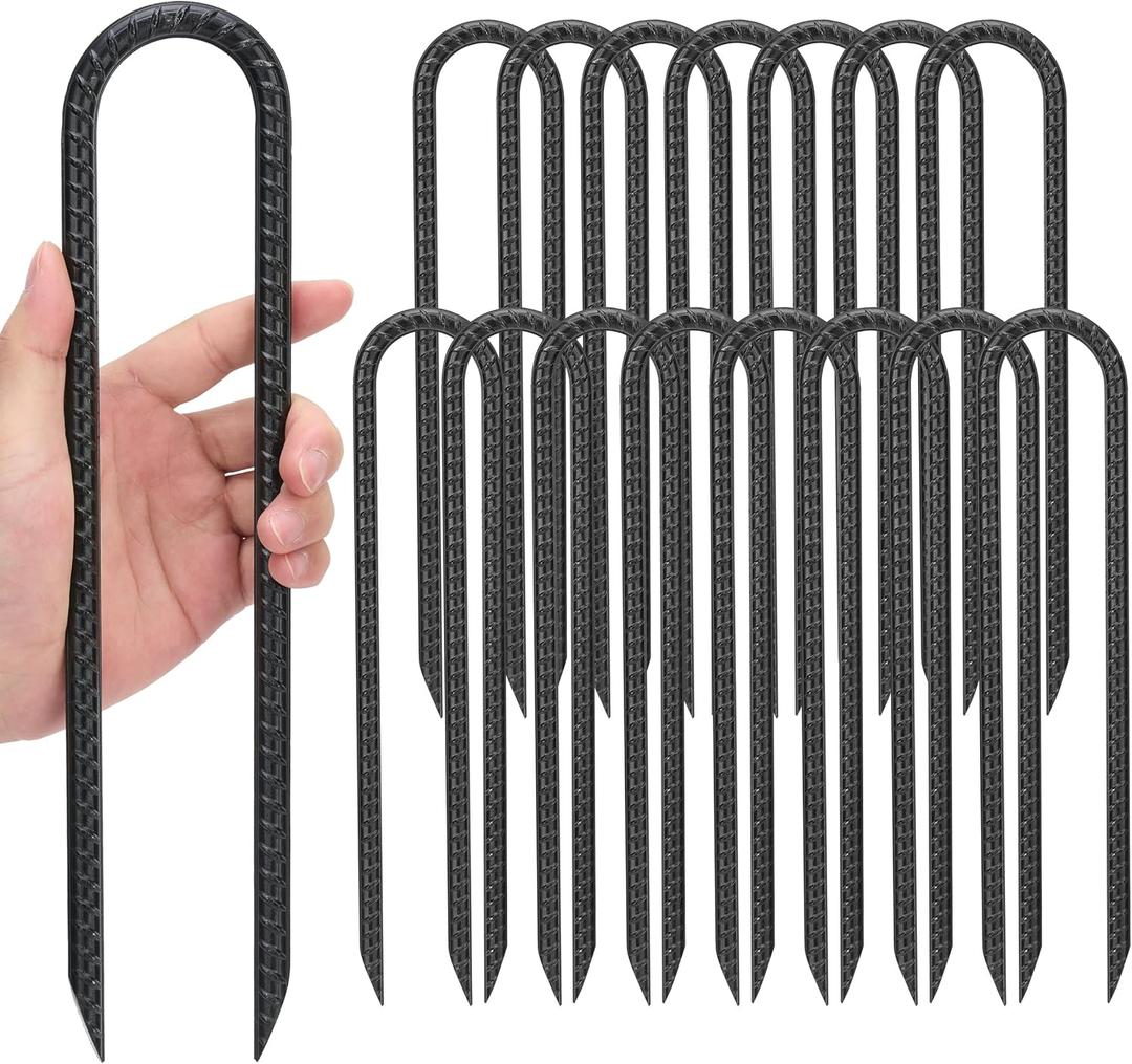 Kingsyard 16 Pack Trampolines Wind Stakes-12 Inch Long, 0.4 Inch Diameter Galvanized Steel U Hook Rebar Stakes, Multi-Purpose Heavy Duty Ground Anchors for Tent, Fences, Swing, Landscape, Black (U-12"-16pcs, U-10mm-black)