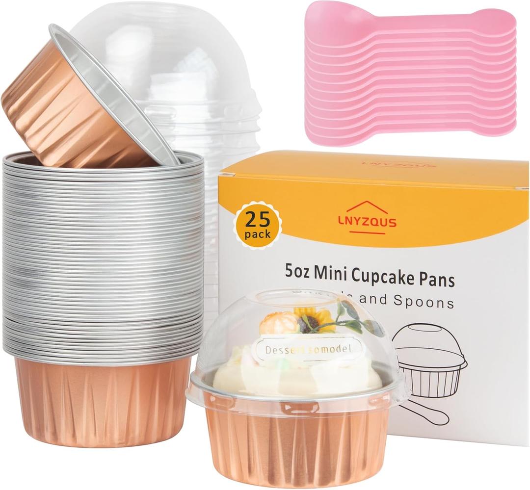 5oz Cupcake Baking Cups with Lids 25 Pack, Foil Muffin Tin Mini Cake Pans Small Cupcake Containers, Disposable Creme Brulee Ramekins Liners for Bake Sales Wedding-Champagne