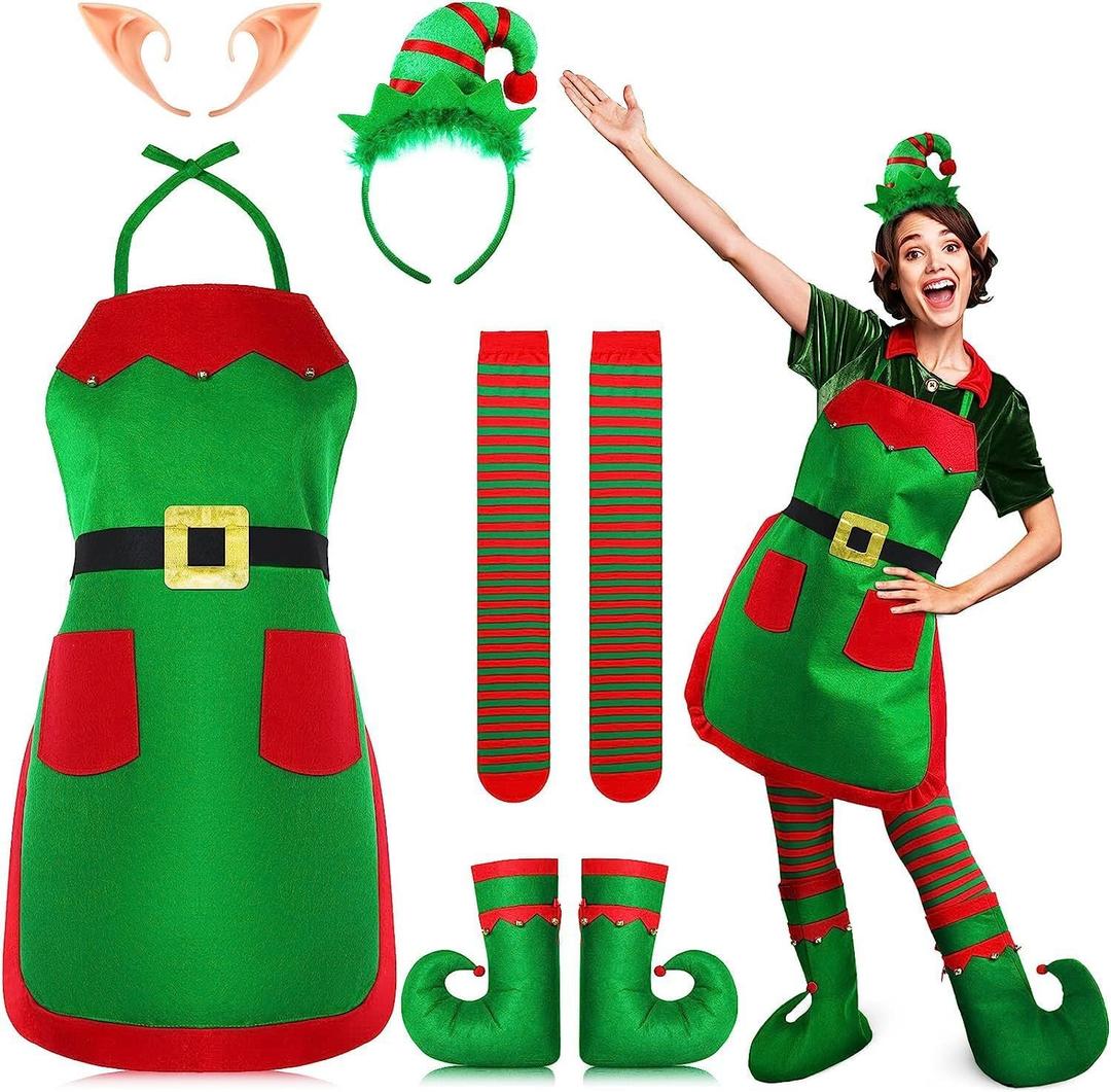 Christmas Elf Costume Set with Apron Headband Shoe Covers Holiday Kitchen Accessories, Christmas Party Decoration