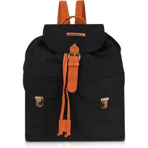 Canvas Backpack for Women & Men  Vintage Rucksack with Faux Leather Straps, Large Front Pockets & Brass Hardware (Black)