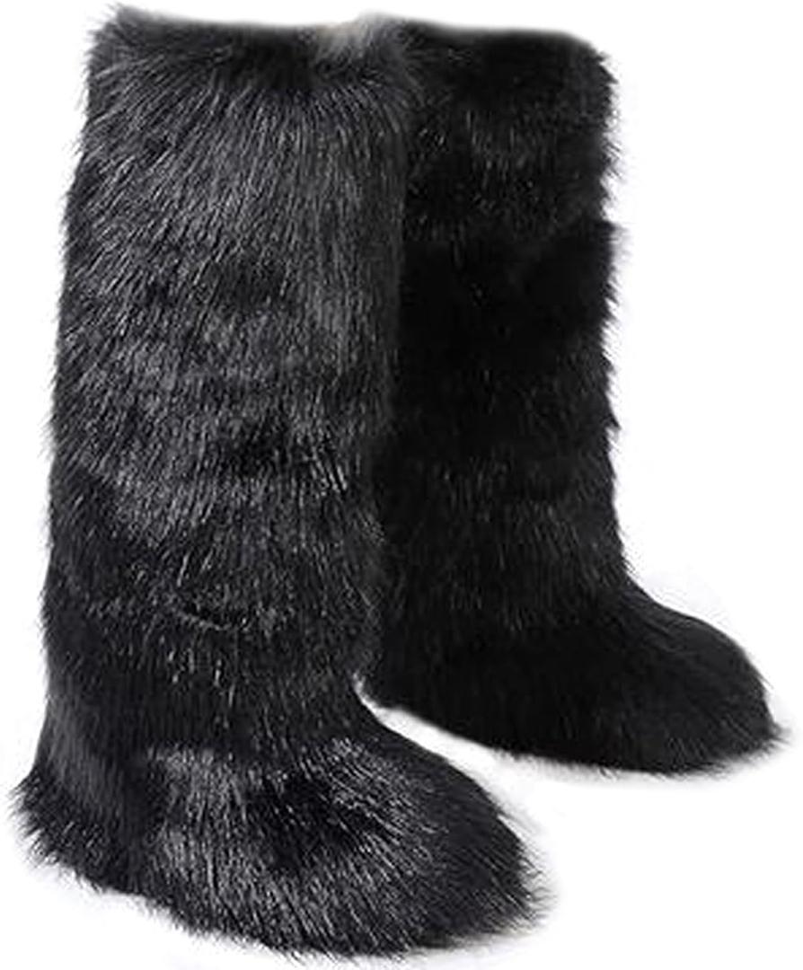 Valpeak Womens Faux Fur Boot Winter Fluffy Long Furry Boots for Girls Outdoor Fuzzy Knee-High Boots (11 Wide, Black)