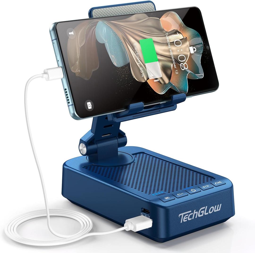 TechGlow Gifts for Men Women Foldable Cellphone Stand with Bluetooth Speaker and Charging Function 360 Rotatable Phone Stand Birthday Gift Idea for Mom Dad Cool Tech Gifts-Blue
