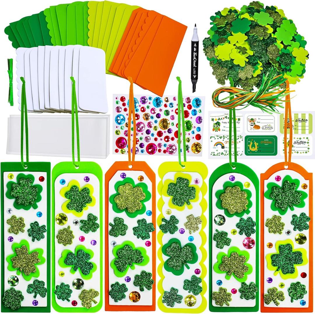 Winlyn 24 Sets St. Patrick's Day Decorations DIY 3D Shamrock Bookmark Craft Kits Blank Foam Bookmarks Lucky Shamrock Four Leaf Clover Stickers for Kids Reading Gifts Classroom Activities Art Projects