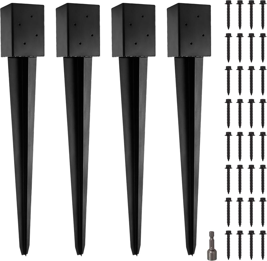 LADECH 4x4 Fence Post Anchor Ground Spike 36 Length Metal Black Powder Coated Mailbox Post Anchors Fit 3.5x3.5 Lumber (4, Black)
