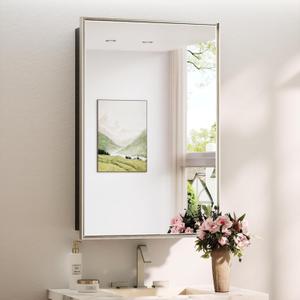 TokeShimi 24x36 Recessed Medicine Cabinet with Mirror Surface Mount, Brushed Nickel Bathroom Mirrored Medicine Cabinet, Bathroom Mirror with Storage Adjustable, Aluminum Framed
