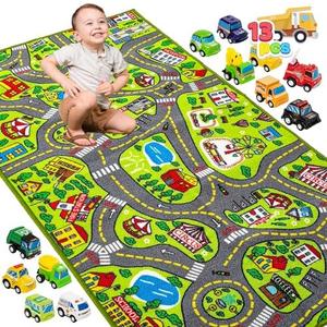 JOYIN Kids Play Rugs - 12 Pull-Back Vehicle Set - Durable Carpet Playmat Rug - City Pretending Play - Toddler Car Track Rug