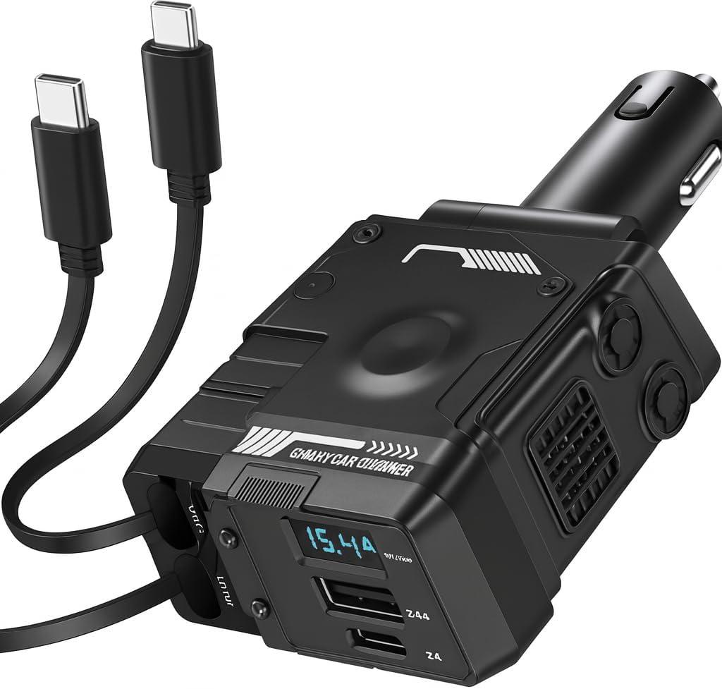 Retractable Car Charger, 4-in-1 Quick Charger with 2 Retractable Cables and USB Port, Travel Essentials Gifts for Women Men, Car Accessory for Phones/Tablets/Airpods/Car Recorders, 31.5 inch (Black)