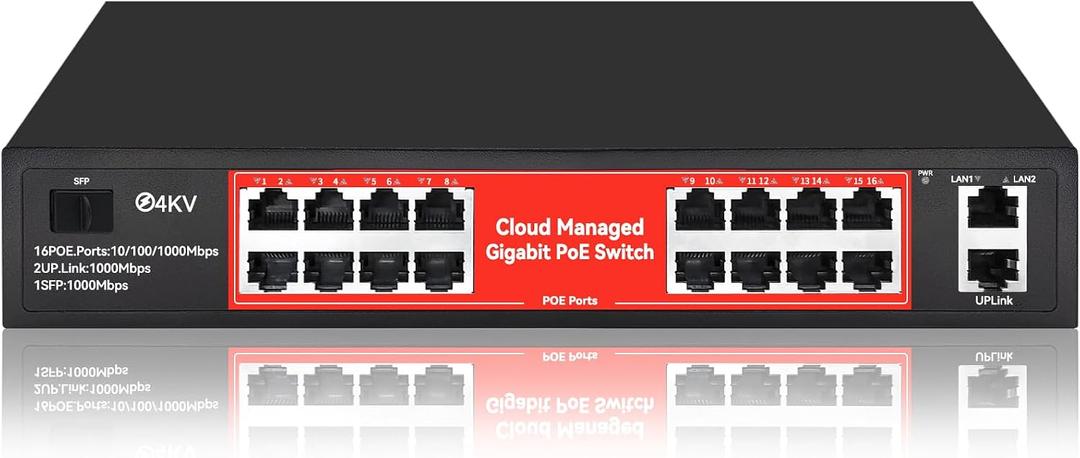 STEAMEMO 16 Port Gigabit PoE Switch, Smart Managed Gigabit Ethernet Switch, 16 PoE+ Ports@240W, Plug and Play, Vlan, Fanless, Desktop or Rackmount, Overload Protection w/ Port