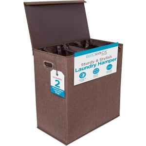 BIRDROCK HOME Laundry Hamper with Lid | Removable Bags for Sorting Clothes | Sectioned Laundry Basket for Bedroom & Bathroom | Collapsible Storage Bin with Cover | Double, Brown, 1 Count