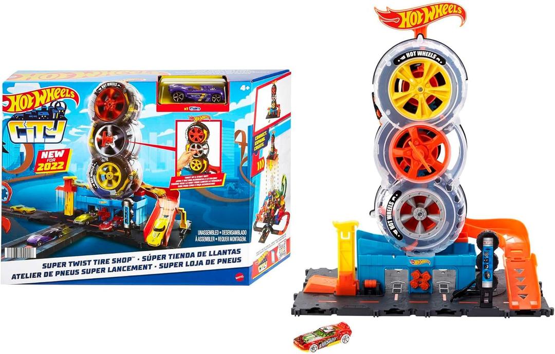 Hot Wheels City Super Twist Tire Shop Playset, Spin The Key to Make Cars Travel Through The Tires, Includes 1 Car, Gift for Kids 4 to 8 Years Old 