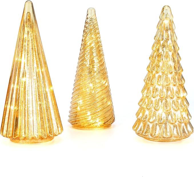 Table Top Christmas Tree Decorations with Fairy Lights,Gold Mercury Glass Finish, Holiday Table Centerpiece and Mantle Decor Set of 3 Assorted Trees