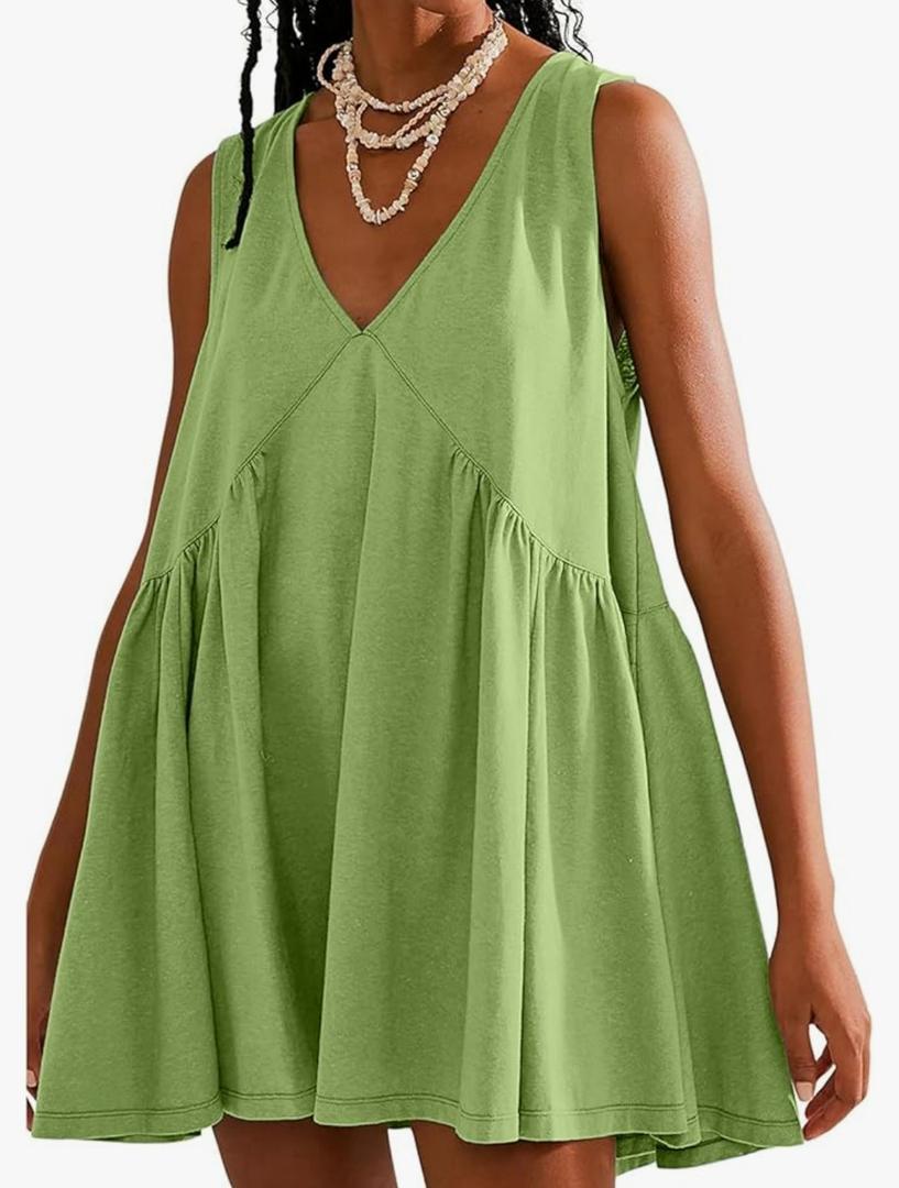 OPCAKM Women's V Neck Sleeveless Mini Dress Loose Summer Pleated Swing Flowy Sundress M