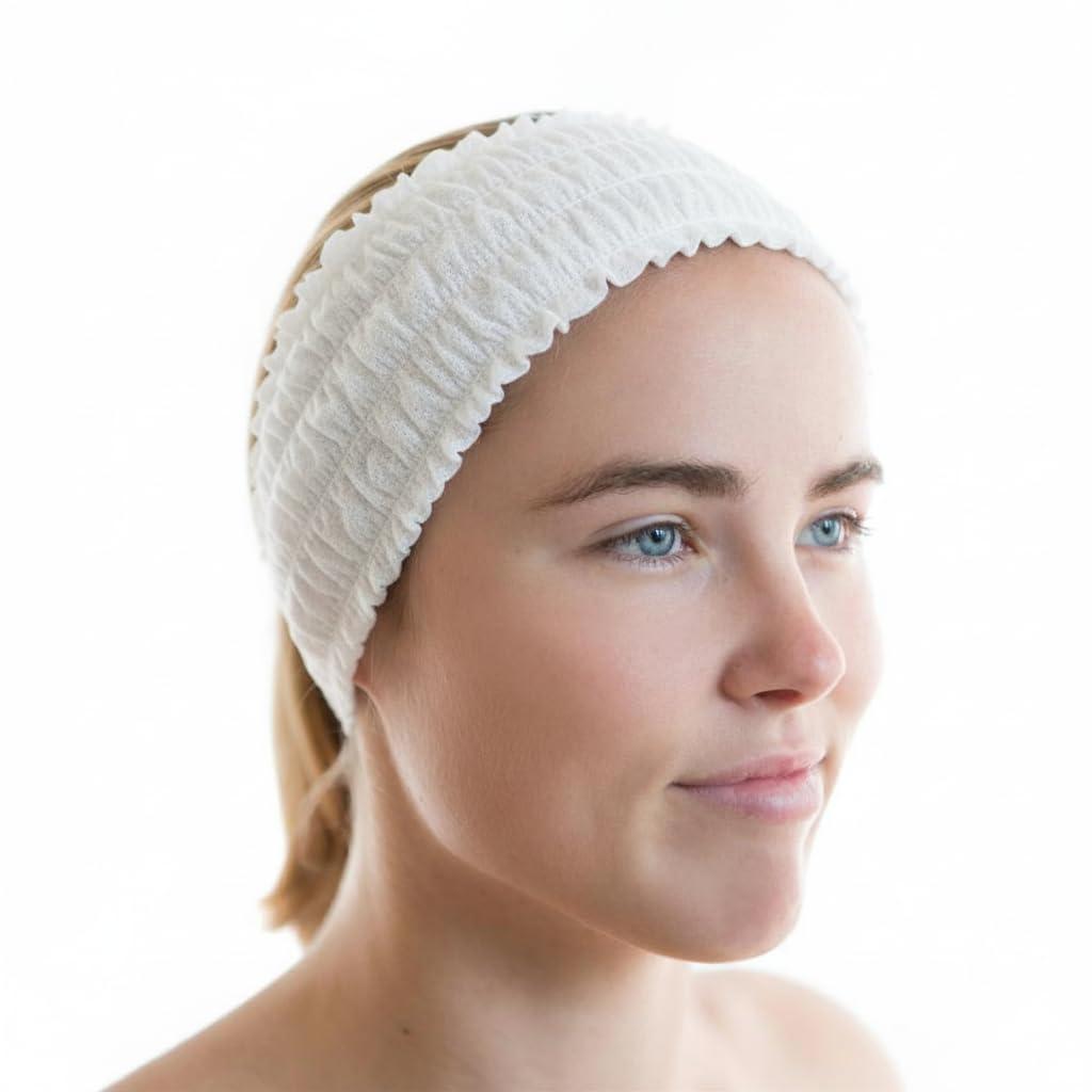 Disposable Facial Spa Headbands Individual Wrapped (100, White)