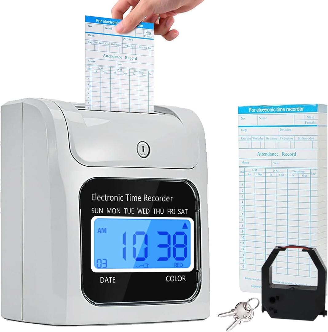 Employee Time Clocks for Small Business, Auto-Align Time Clock Punch Machine with 50-Piece Time Cards, Two Security Keys, and One Ink Ribbon Cartridge