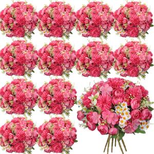 Tigeen 12 Bundles Peonies Artificial Flowers Faux Roses Silk Flowers Hydrangea Artificial Bouquet for Wedding Table Centerpiece Floral Vase Home Office Bridal Decor (Rose Pink)