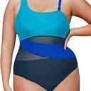CUPSHE Women's Plus Size Swimsuit One Piece Bathing Suit Mesh Removable Straps Swimwear (XX-Large Plus, Cyan/Black/Blue)